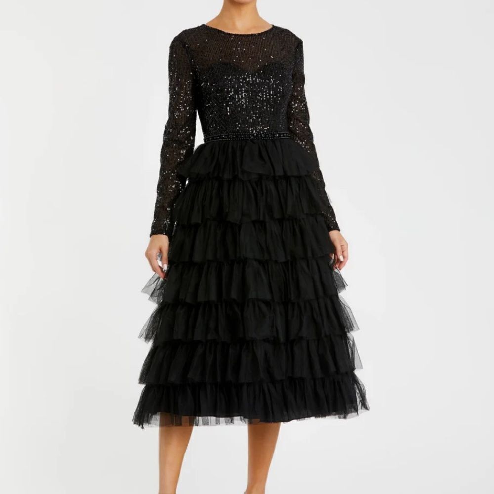 Mac Duggal Black Long Sleeve Ruffle Tiered Sequin Midi Cocktail Dress| 10
